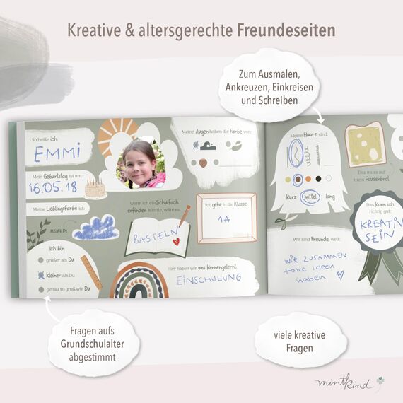 mintkind® „Meine Schulfreunde“ Freundebuch Schule Mädchen & Jungen Mint Design | Freundschaftsbuch Grundschule | Meine Freunde Buch Geschenk zur Einschulung | Schulfreundebuch zum Ausfüllen