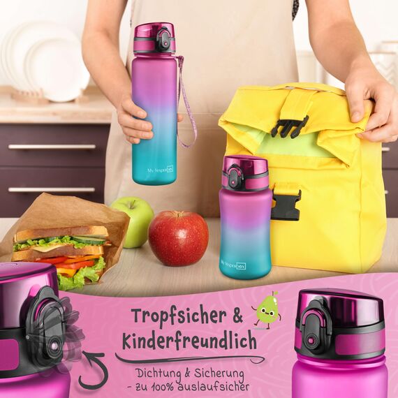 My Vesperbox® Trinkflasche Kinder [500ML] - Wasserflasche Kohlensäure Geeignet & Auslaufsicher - Water Bottle Kids - für Schule & Sport - Kinderflasche für Mädchen & Jungen - inkl. Ersatzdichtung