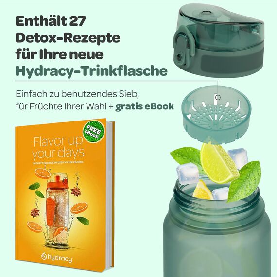 Hydracy Trinkflasche mit Fruchteinsatz - 1L Wasserflasche - BPA-freie Trinkflasche mit Zeitmarkierung Auslaufsichere Sportflasche - Kondensationsfrei für Sport und Outdoor