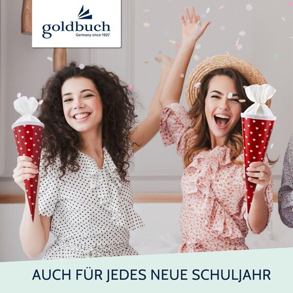 goldbuch 93 012 Geschwistertüte Herzen, Schultüte aus Lackarton mit Herzenmuster, Geschenkverpackung mit weißem Filzverschluss (ohne Verschlussband), Zuckertüte rund, Länge 35 cm, Ø 11,5 cm, Rot