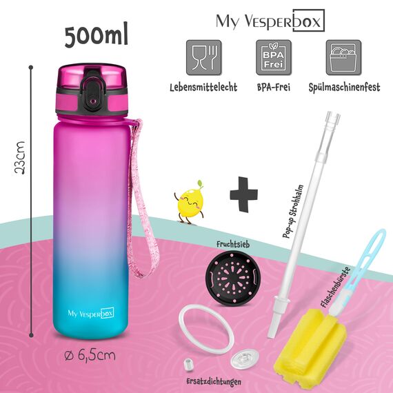 My Vesperbox® Trinkflasche Kinder [500ML] - Wasserflasche Kohlensäure Geeignet & Auslaufsicher - Water Bottle Kids - für Schule & Sport - Kinderflasche für Mädchen & Jungen - inkl. Ersatzdichtung