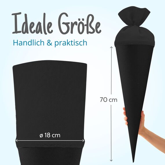 itenga Bastelschultüte Schultütenrohling Zuckertüte Schultüte 70cm rund mit und ohne Filzverschluss (Schwarz mit Filzverschluss)