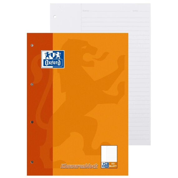 Oxford Schule Klausuren-Block A4, liniert mit Rand, 50 Blatt, orange, 5 Stück