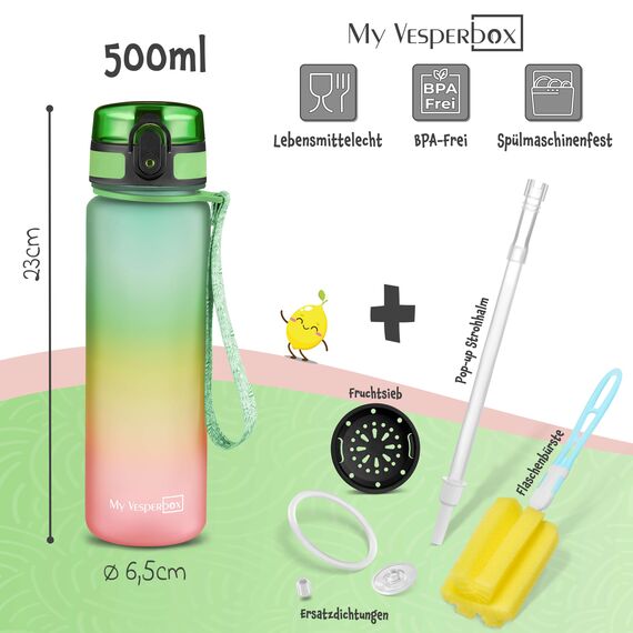 My Vesperbox Minny Kinder-Trinkflasche 500ml – Auslaufsicher & BPA-frei – inkl. Ersatzdichtung, Reinigungsbürste, Fruchtsieb & optionalem Strohhalm – Ideal für Schule, Kindergarten & Sport
