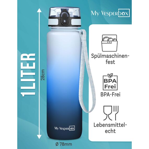 My Vesperbox® Trinkflasche Kinder [1000ML] - Wasserflasche Kohlensäure Geeignet & Auslaufsicher - Water Bottle Kids - für Schule & Sport - Kinderflasche für Mädchen & Jungen - inkl. Ersatzdichtung