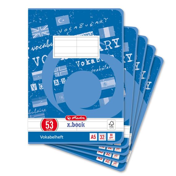 Herlitz Vokabelheft A5, Lineatur 53, liniert mit Mittellinie, Schulheft mit 2 Spalten, 32 Blatt, 5 Stück