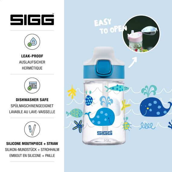 SIGG - Tritan Trinkflasche Kinder - Miracle Ocean - Mit Trinkhalm - Auslaufsicher - Spülmaschinenfest - Microwellengeeignet - Kratzresistent - BPA-frei - Schule & Sport - Blau mit Meerestieren - 0,35L
