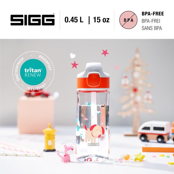 SIGG - Tritan Trinkflasche Kinder - Miracle Puppy - Mit Trinkhalm - Auslaufsicher - Spülmaschinenfest - Microwellengeeignet - Kratzresistent - BPA-frei - Schule & Sport - Orange mit Hund - 0,45L