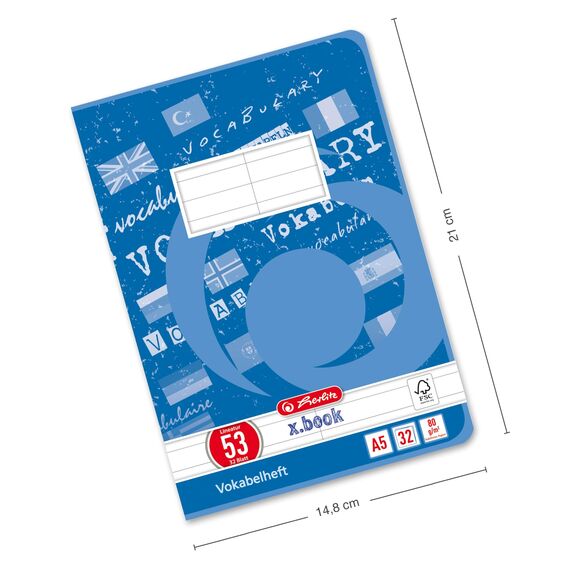 Herlitz Vokabelheft A5, Lineatur 53, liniert mit Mittellinie, Schulheft mit 2 Spalten, 32 Blatt, 5 Stück