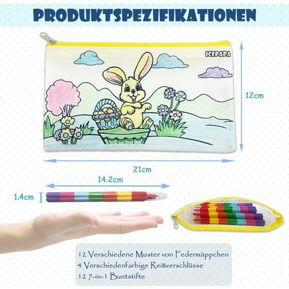 ICEPAPA, 12 Federmäppchen zum Bemalen für Kinder und 12 Wachsmalstifte Stapelbar (7 Farben in 1), Perfekt für Kleine Geschenke für Kinder, Gastgeschenk Kindergeburtstag, Gastgeschenke Hochzeit