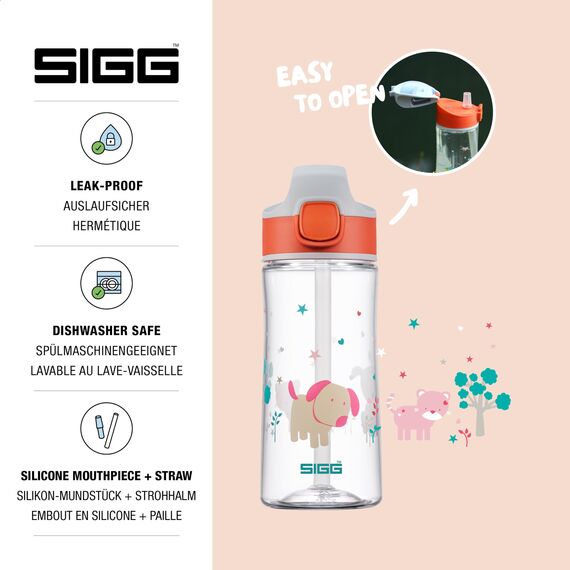 SIGG - Tritan Trinkflasche Kinder - Miracle Puppy - Mit Trinkhalm - Auslaufsicher - Spülmaschinenfest - Microwellengeeignet - Kratzresistent - BPA-frei - Schule & Sport - Orange mit Hund - 0,45L