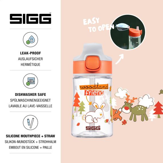 SIGG - Tritan Trinkflasche Kinder - Miracle Woodland - Mit Trinkhalm - Auslaufsicher - Spülmaschinenfest - Microwellengeeignet - Kratzresistent - BPA-frei - Schule & Sport - Orange mit Tieren - 0,35L