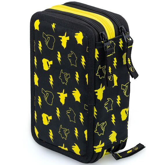 Clondo 3-Fach Federmäppchen für Pokemon Fan – 45-teilig, komplett gefüllt – mit 2 löschbaren Gelstiften, Schere, Kleber, Buntstiften – Schwarz und Gelb – ideal für Schule & als Geschenk