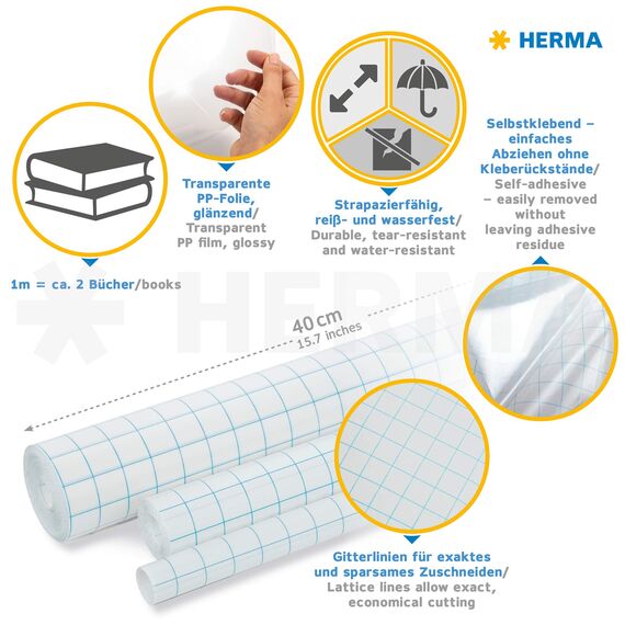 HERMA 7002 Buchschutzfolie selbstklebend transparent, 2 m x 40 cm, reiß- & wasserfest Bucheinschlagfolie, glänzende Buchfolie aus robuster Polypropylen-Folie für dauerhaftes Einbinden