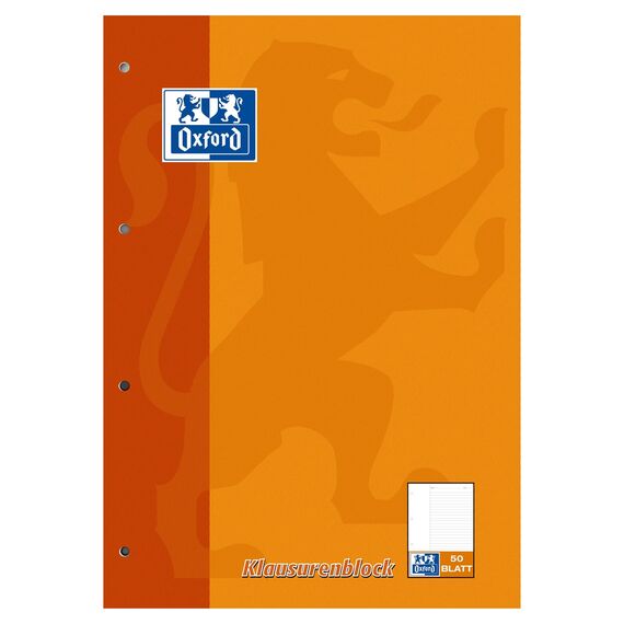 Oxford Schule Klausuren-Block A4, liniert mit Rand, 50 Blatt, orange, 5 Stück