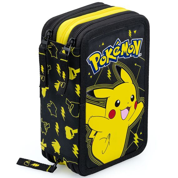 Clondo 3-Fach Federmäppchen für Pokemon Fan – 45-teilig, komplett gefüllt – mit 2 löschbaren Gelstiften, Schere, Kleber, Buntstiften – Schwarz und Gelb – ideal für Schule & als Geschenk