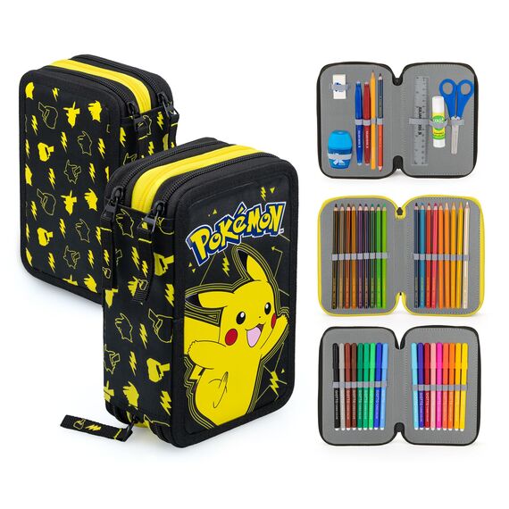 Clondo 3-Fach Federmäppchen für Pokemon Fan – 45-teilig, komplett gefüllt – mit 2 löschbaren Gelstiften, Schere, Kleber, Buntstiften – Schwarz und Gelb – ideal für Schule & als Geschenk