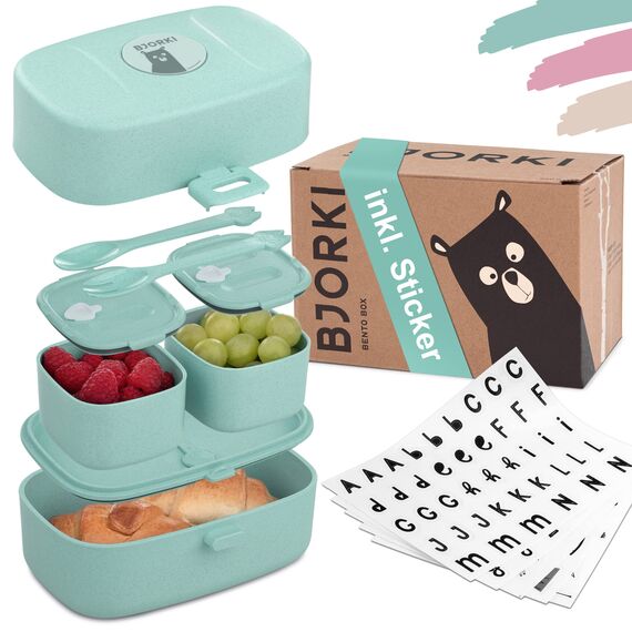 BJORKI® Bento Box für Kinder inkl. BONUS Namensticker - Auslaufsichere Lunchbox mit Fächern - Nachhaltige Brotdose Kinder für Kindergarten & Schule - Die Jausenbox für unterwegs.