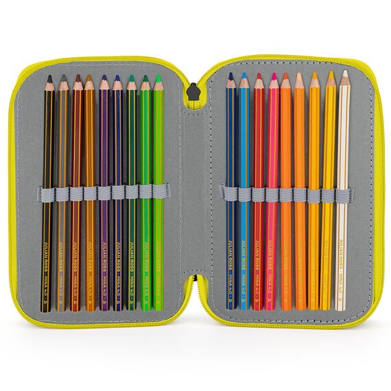 Clondo 3-Fach Federmäppchen für Pokemon Fan – 45-teilig, komplett gefüllt – mit 2 löschbaren Gelstiften, Schere, Kleber, Buntstiften – Schwarz und Gelb – ideal für Schule & als Geschenk