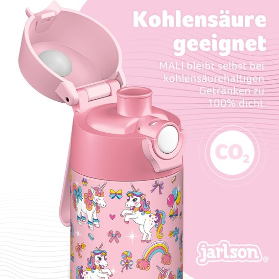 Jarlson® Trinkflasche Kinder Edelstahl MALI [THERMOSFLASCHE] - Kindertrinkflasche Auslaufsicher - Thermoskanne Kohlensäure geeignet - Thermo Trink Flasche für Schule & Kindergarten (500ml, Einhorn)