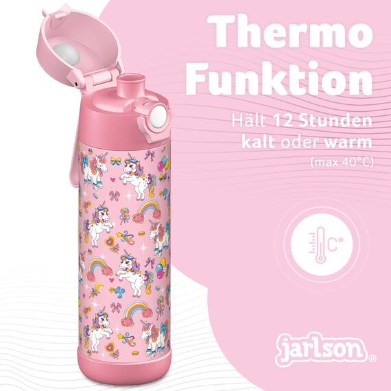 Jarlson® Trinkflasche Kinder Edelstahl MALI [THERMOSFLASCHE] - Kindertrinkflasche Auslaufsicher - Thermoskanne Kohlensäure geeignet - Thermo Trink Flasche für Schule & Kindergarten (500ml, Einhorn)