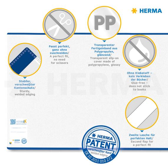 HERMA 7195 Buchumschlag 19,5 x 38 cm HERMÄX Classic, Buchhülle mit Beschriftungsetikett & Kantenschutz aus abwischbarer Polypropylen-Folie, Buchschoner für Schulbücher, transparent