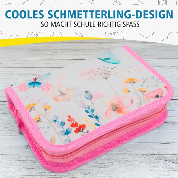 itenga Schüler-Etui Mäppchen Schmetterling 28 teilig 1-Zipper