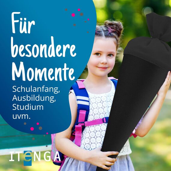 itenga Bastelschultüte Schultütenrohling Zuckertüte Schultüte 70cm rund mit und ohne Filzverschluss (Schwarz mit Filzverschluss)
