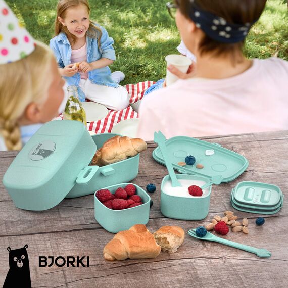 BJORKI® Bento Box für Kinder inkl. BONUS Namensticker - Auslaufsichere Lunchbox mit Fächern - Nachhaltige Brotdose Kinder für Kindergarten & Schule - Die Jausenbox für unterwegs.