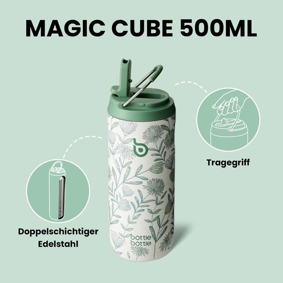 BOTTLE BOTTLE Edelstahl Trinkflasche mit Strohhalm 500ml, auslaufsichere Sportwasserflasche, ideal für Schule, Büro, Wandern und Ausflüge, BPA-frei (Flourishing Flowers)
