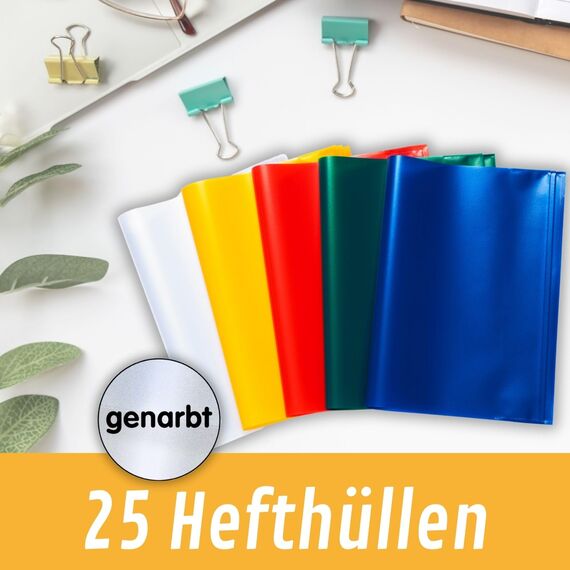 perfect line - 25 Hefthüllen DIN A5, 5 Farben - Heftumschlag transparent genarbt - Heftschoner aus recyclebarem PP, Dokumentenecht