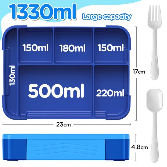 WayEee Brotdose Kinder mit Fächern 1330ml Lunchbox Kinder Auslaufsicher Brotdose Kinder für Kindergarten & Schule (Blau)