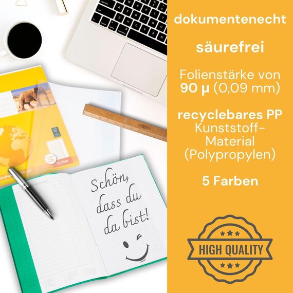 perfect line - 25 Hefthüllen DIN A5, 5 Farben - Heftumschlag transparent genarbt - Heftschoner aus recyclebarem PP, Dokumentenecht