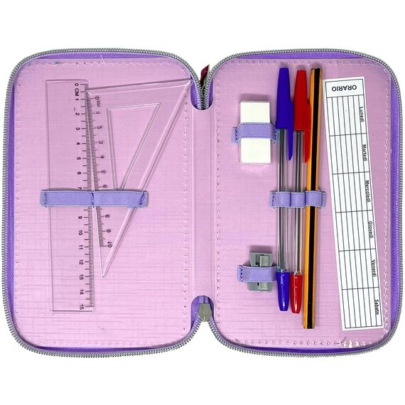 Clondo 3D Mädchen Federmäppchen 3-Fach – 44-teilig gefüllt – für Stitch und Angel Fan – mit Filzstiften, Buntstiften, Lineal – Lila – Schulmäppchen & Geschenk für Kinder