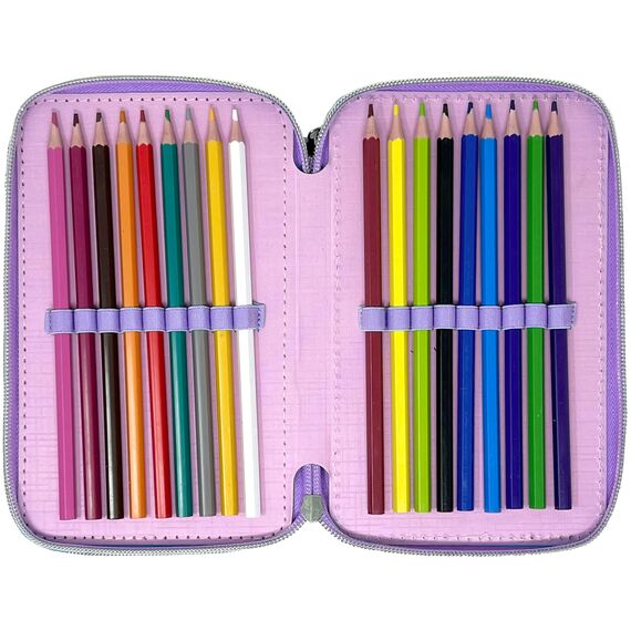 Clondo 3D Mädchen Federmäppchen 3-Fach – 44-teilig gefüllt – für Stitch und Angel Fan – mit Filzstiften, Buntstiften, Lineal – Lila – Schulmäppchen & Geschenk für Kinder