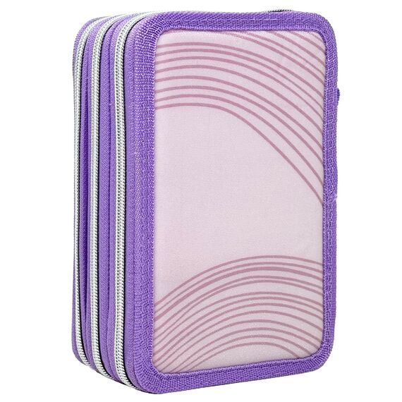 Clondo 3D Mädchen Federmäppchen 3-Fach – 44-teilig gefüllt – für Stitch und Angel Fan – mit Filzstiften, Buntstiften, Lineal – Lila – Schulmäppchen & Geschenk für Kinder