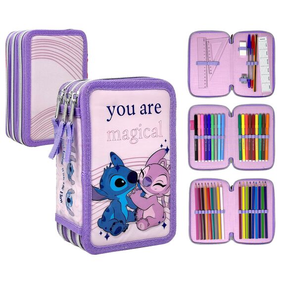 Clondo 3D Mädchen Federmäppchen 3-Fach – 44-teilig gefüllt – für Stitch und Angel Fan – mit Filzstiften, Buntstiften, Lineal – Lila – Schulmäppchen & Geschenk für Kinder
