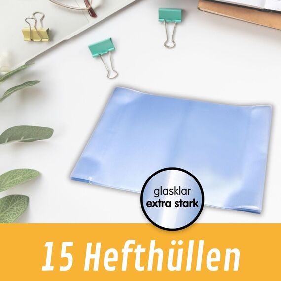 perfect line - 15 Hefthüllen DIN A4 – glasklar & extra stark – transparente Heftumschläge aus recycelbarem PP, dokumentenecht, säurefrei, langlebig & nachhaltig – Heftschoner für Schule & Büro