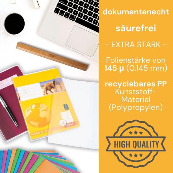 perfect line - 15 Hefthüllen DIN A4 – glasklar & extra stark – transparente Heftumschläge aus recycelbarem PP, dokumentenecht, säurefrei, langlebig & nachhaltig – Heftschoner für Schule & Büro