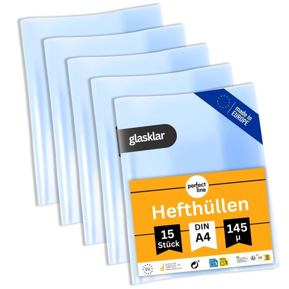 perfect line - 15 Hefthüllen DIN A4 – glasklar & extra stark – transparente Heftumschläge aus recycelbarem PP, dokumentenecht, säurefrei, langlebig & nachhaltig – Heftschoner für Schule & Büro