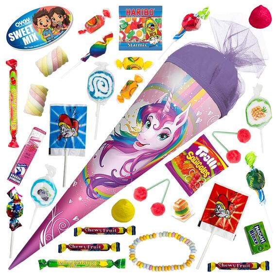 OYOY 35cm Schultüte gefüllt mit Süßigkeiten Mix I ROTH Schultüte Einhorn I kleine Schultüte fertig gefüllt I Geschwister Schultüte I Zuckertüte klein I Einschulung Geschenk