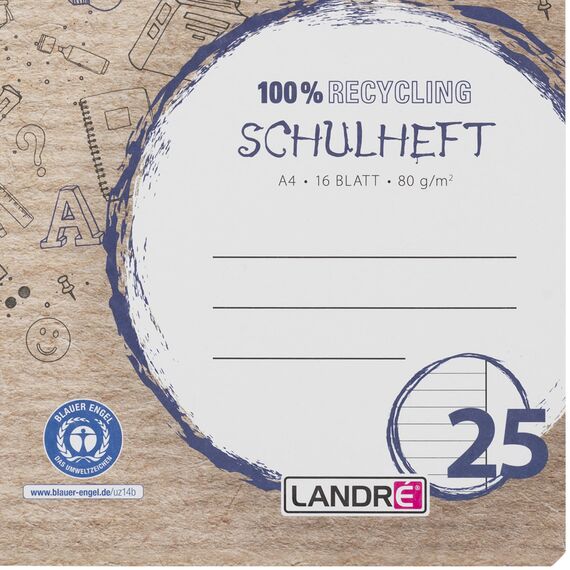 Landré Schulheft A4 Recycling, 16 Blatt, Lin. 25, liniert mit Rand, 10 Stück