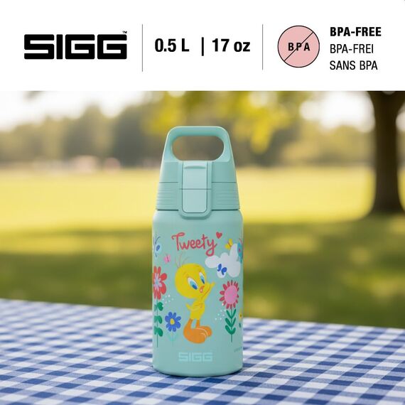 Sigg – Edelstahl Trinkflasche Kinder – SHIELD ONE Tweety – Für kohlensäurehaltige Getränke geeignet – Federleicht – BPA-frei – Sport & Schule – Hellblau mit Tweety – 0,5 L