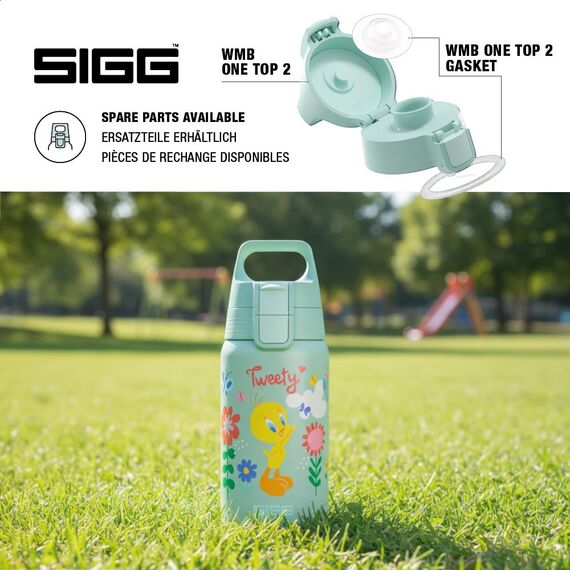 Sigg – Edelstahl Trinkflasche Kinder – SHIELD ONE Tweety – Für kohlensäurehaltige Getränke geeignet – Federleicht – BPA-frei – Sport & Schule – Hellblau mit Tweety – 0,5 L