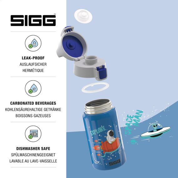 SIGG Shield One Space Kinder Trinkflasche (0.5 L), Edelstahl Kinderflasche mit auslaufsicherem Deckel, einhändig bedienbare Wasserflasche