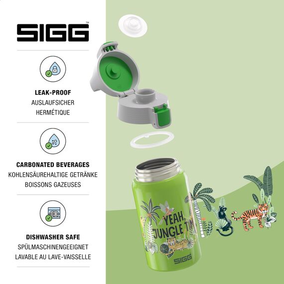 SIGG Shield One Jungle Kinder Trinkflasche (0.5 L), Edelstahl Kinderflasche mit auslaufsicherem Deckel, einhändig bedienbare Wasserflasche