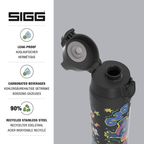 Sigg - Edelstahl Trinkflasche - Shield One Disney Lilo & Stitch - Für Kohlensäurehaltige Getränke Geeignet - Auslaufsicher - Federleicht - BPA-frei - Sport & Schule - Black - 0,75L
