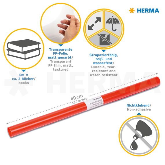 HERMA 7362 Buchschutzfolie nicht klebend transparent rot, 2 m x 40 cm, reiß- & wasserfest Bucheinschlagfolie, matt genarbte Buchfolie aus robuster Polypropylen-Folie für dauerhaftes Einbinden