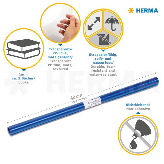 HERMA 7363 Buchschutzfolie nicht klebend transparent blau, 2 m x 40 cm, reiß- & wasserfest Bucheinschlagfolie, matt genarbte Buchfolie aus robuster Polypropylen-Folie für dauerhaftes Einbinden