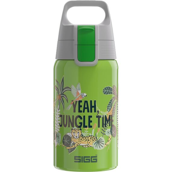 SIGG Shield One Jungle Kinder Trinkflasche (0.5 L), Edelstahl Kinderflasche mit auslaufsicherem Deckel, einhändig bedienbare Wasserflasche
